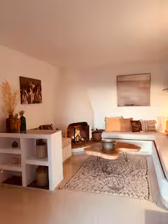 Open living space with fireplace and rug