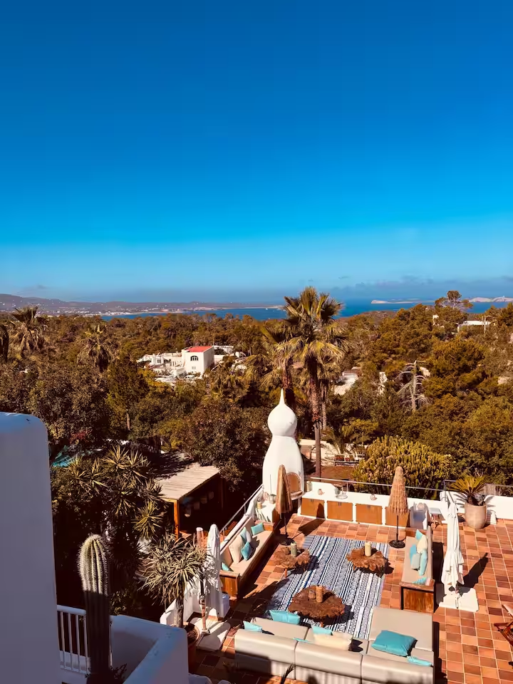 Rooftop terrace overlooking the bay and pine forest
