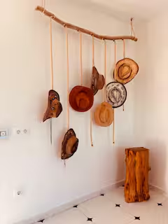 Hat display on driftwood in the entrance hall